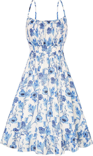 Women's Summer Spaghetti Straps Flared A-Line Mini Dress Ruched Sleeveless Floral Beach Dress