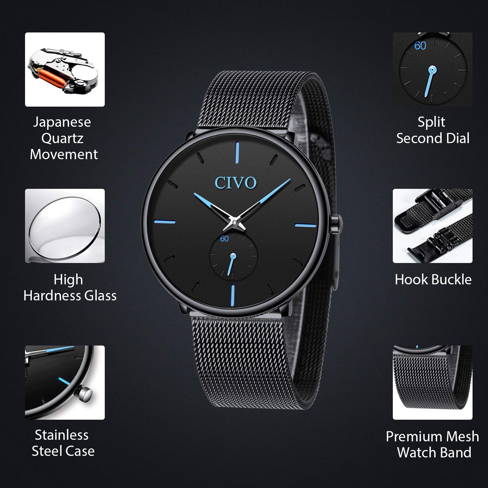 Civo mens black ultra clearance thin watch